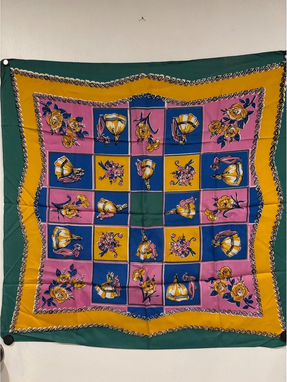 Vintage Colorful Floral and Doll Pattern Silk Scarf